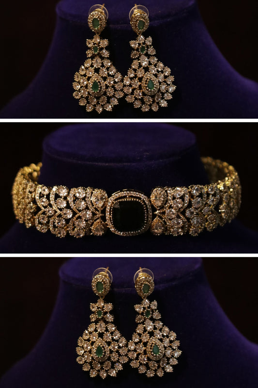 VICTORIAN EMERALD STONE CHOKER SET WITH EARRING